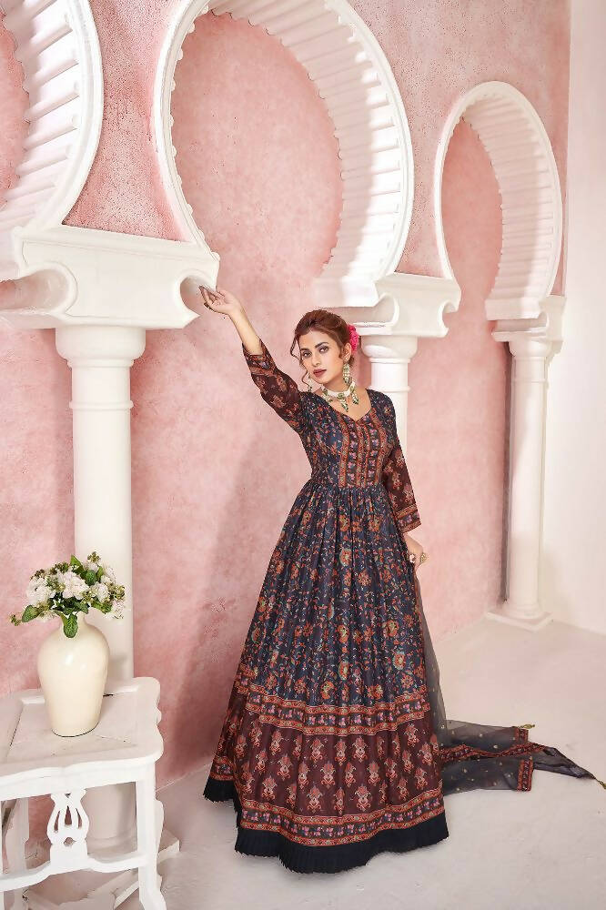 Everywhere Designer Navy Blue Dola Silk Gown With Dupatta - Anbazaar | Grocsy