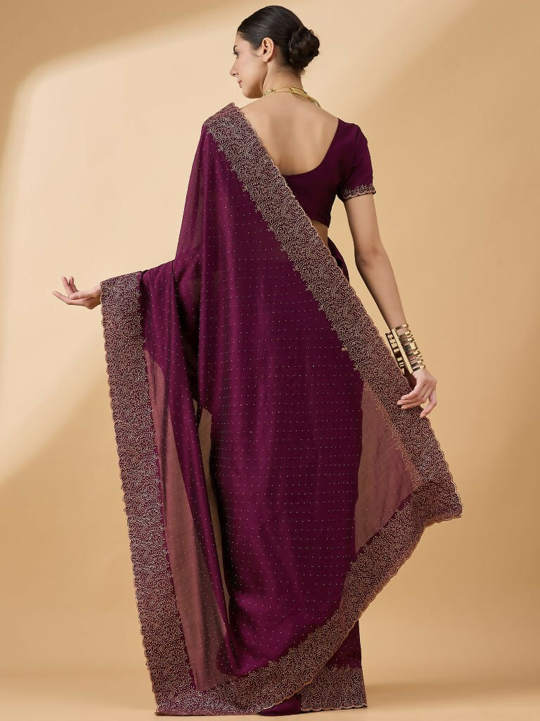 Purple Silk Blend Embroidered Saree with Unstitched Blouse - Vairagi | Grocsy