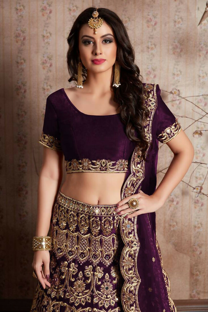 Jyoti Fashion Mesmerizing Wine Sequins Embroidered Velvet Lehenga Choli with Dupatta | Grocsy