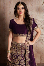 Jyoti Fashion Mesmerizing Wine Sequins Embroidered Velvet Lehenga Choli with Dupatta | Grocsy