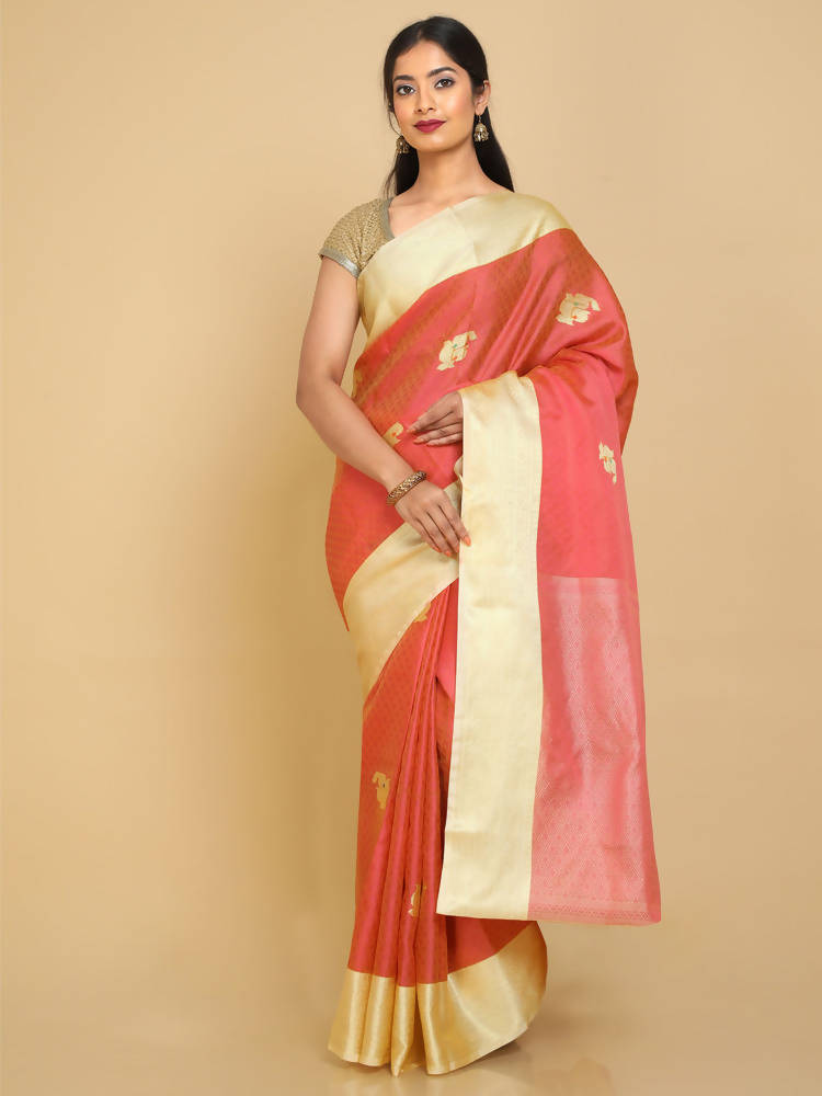 Kalamandir Floral Peach Silk Blend Saree | Grocsy