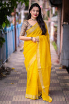 Mustard Linen Sequence Saree with Unstitched Blouse - Hiral Fashion | Grocsy