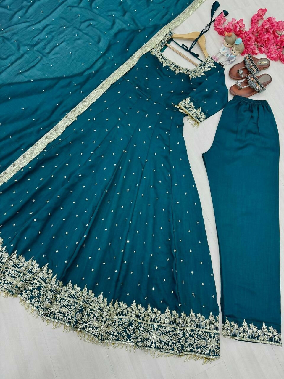 Teeya Creation Teal Color Pure Vichitra Silk Embroidery Work Party Wear Gown | Grocsy