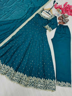 Teeya Creation Teal Color Pure Vichitra Silk Embroidery Work Party Wear Gown | Grocsy