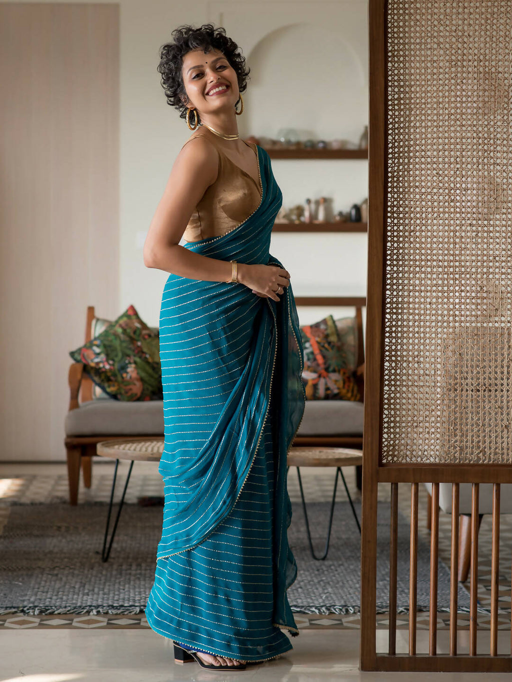 Suta Turquoise Blue Striped Viscose Rayon Saree | Grocsy