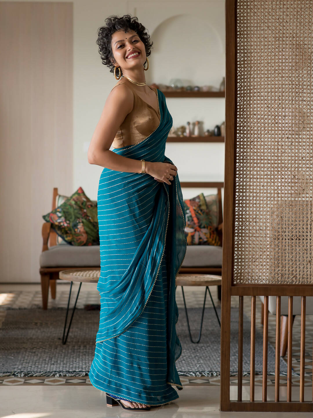 Suta Turquoise Blue Striped Viscose Rayon Saree | Grocsy