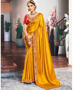 Mustard Solid Vichitra Saree With Unstitched Blouse Piece - Selena | Grocsy