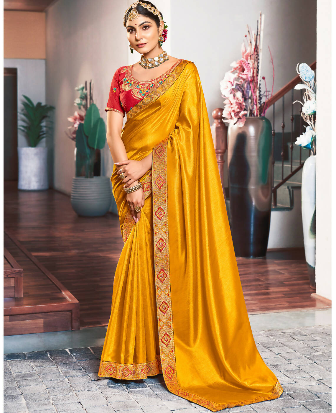 Mustard Solid Vichitra Saree With Unstitched Blouse Piece - Selena | Grocsy