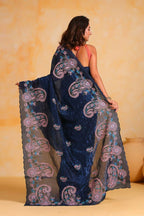 Vamsee Suhanisha Navy Blue Korean Shimmer Silk Saree | Grocsy