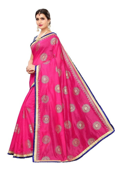 Vamika Chanderi Cotton Foil Print Pink Saree (GOLDEN BIRD Pink) | Grocsy