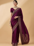Purple Silk Blend Embroidered Saree with Unstitched Blouse - Vairagi | Grocsy