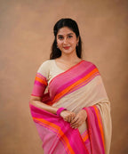 Exclusive Collection Beige Beautiful Khadi Cotton Handloom Saree | Grocsy