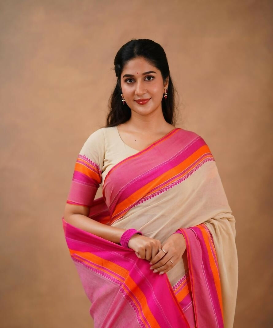 Exclusive Collection Beige Beautiful Khadi Cotton Handloom Saree | Grocsy