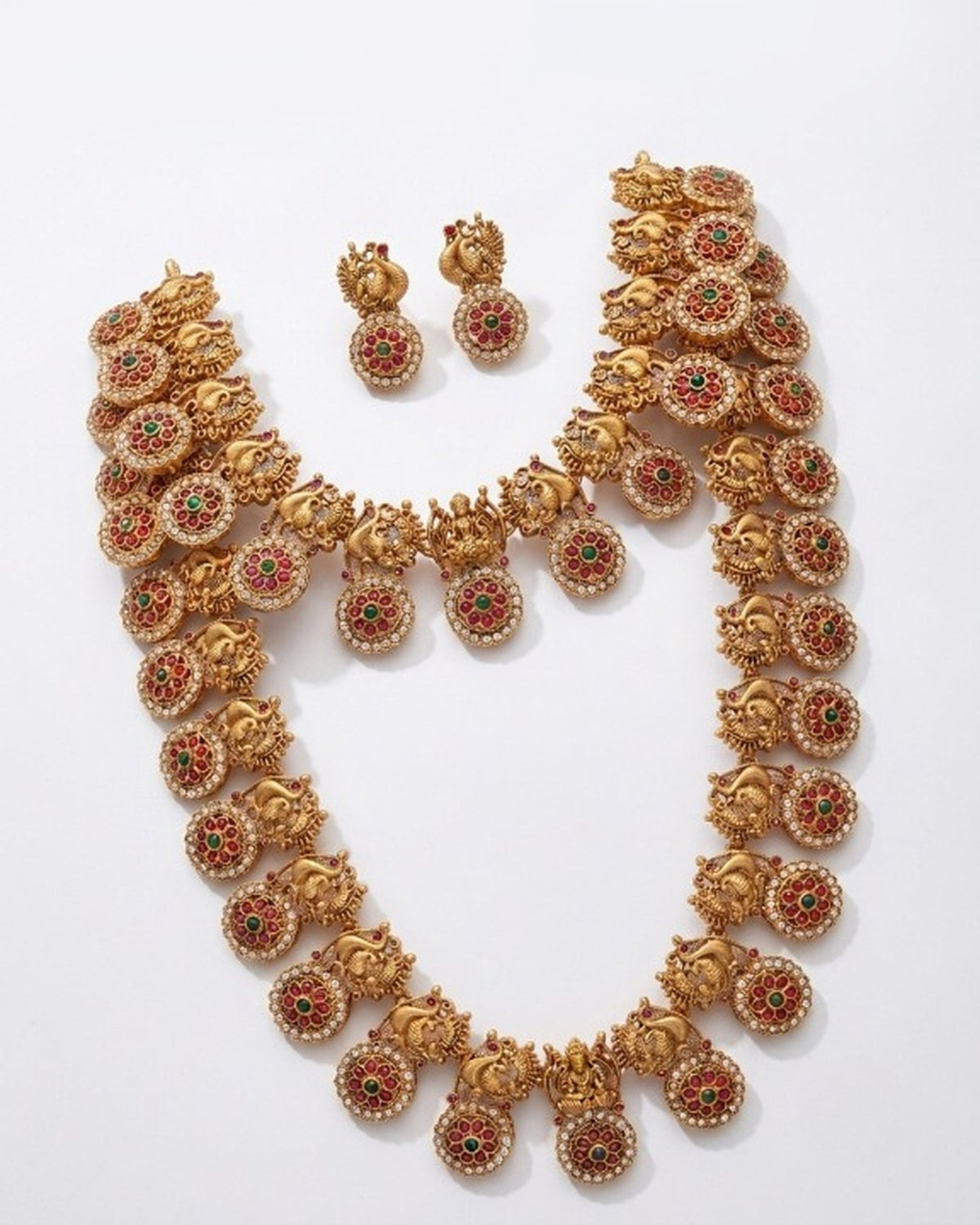 Jewel City Gold Plated South Indian Temple Jewelry Set - Matte Finish Long Haram | Grocsy