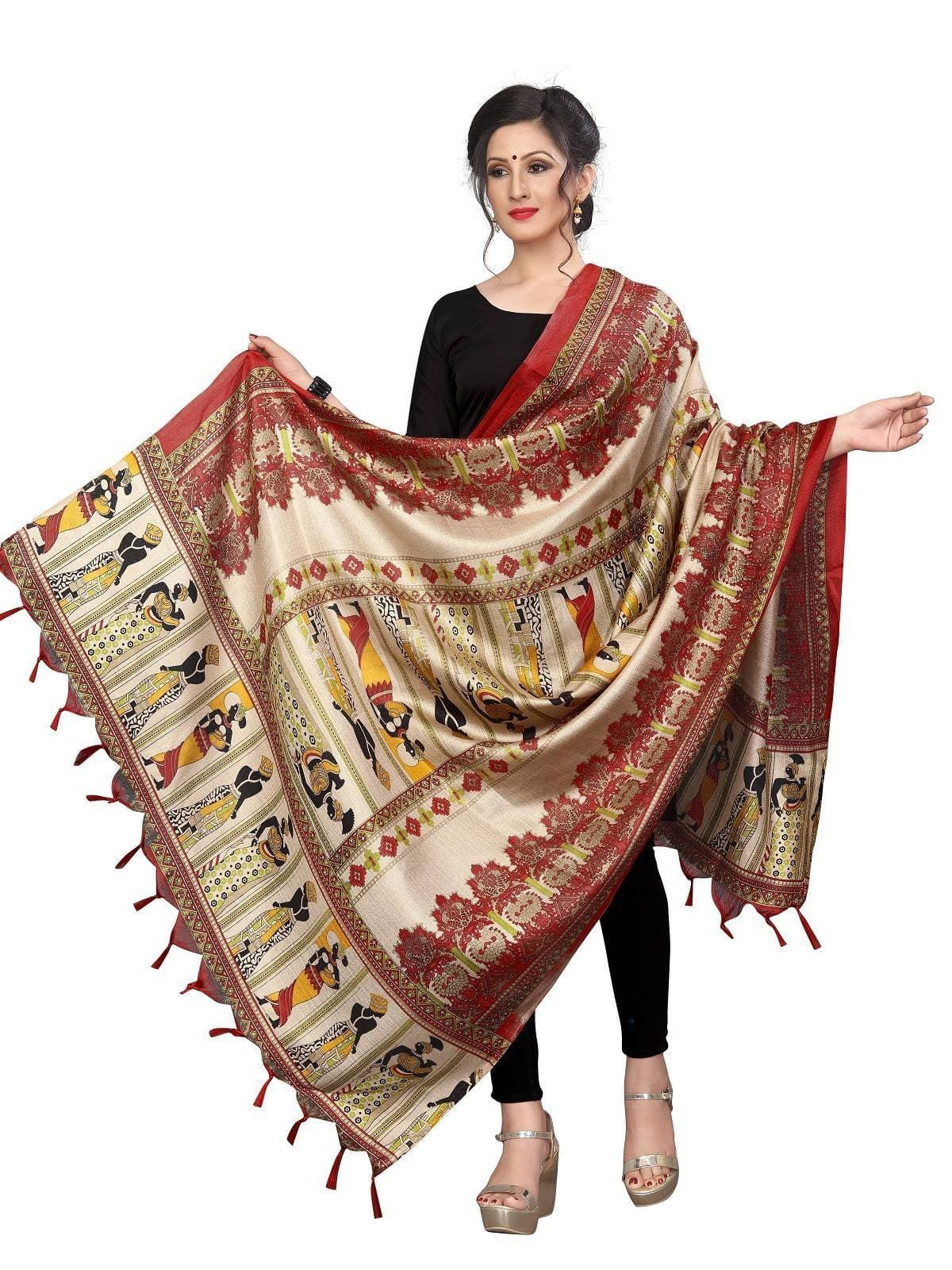 Vamika Latest Multi Colour Red Printed Khadi Bhagalpuri Dupatta | Grocsy