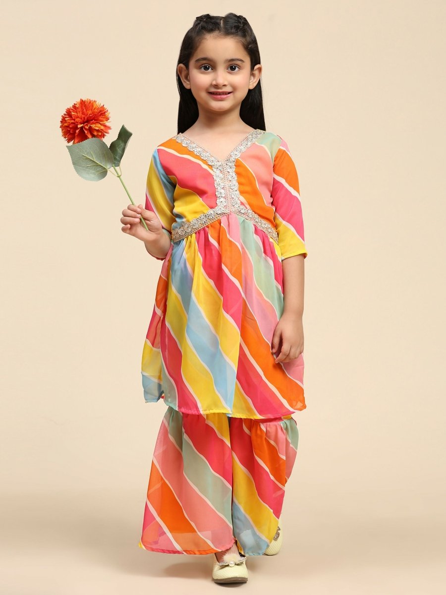 Alakhi Studio Girls Floral Georgette Printed V-Neck Kurta With Sharara - Orange | Grocsy