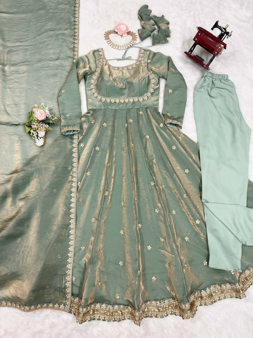 The52 Women's Beautiful Fandy Silk Fabric Embroidery Work Flared Anarkali Pant and Dupatta Set | Grocsy
