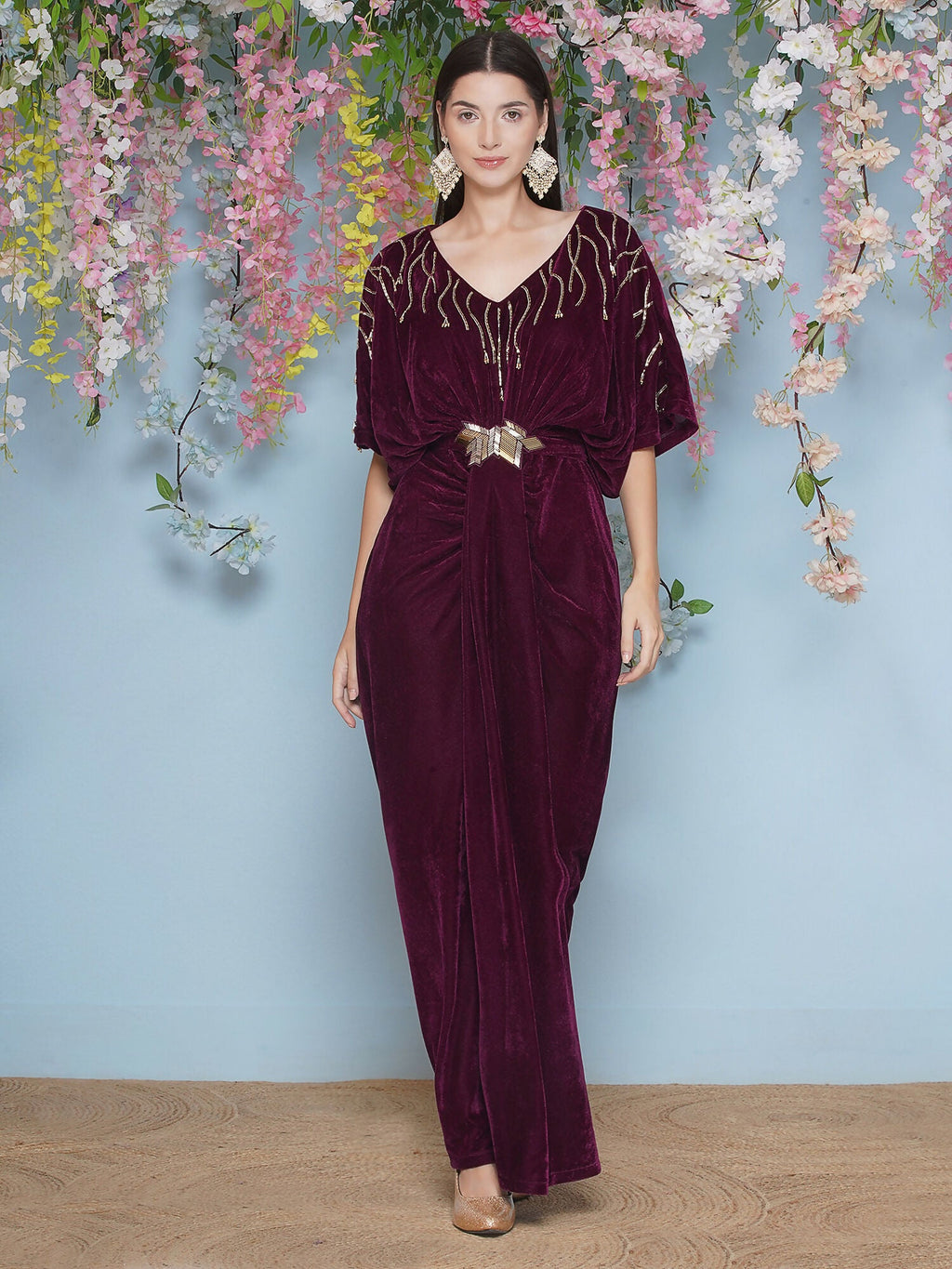 Joban Fashion Wine Hand Embellished Velvet Gown With Belt | Grocsy