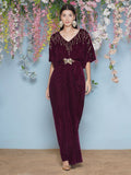 Joban Fashion Wine Hand Embellished Velvet Gown With Belt | Grocsy