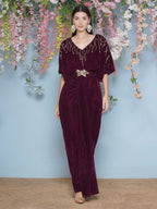 Joban Fashion Wine Hand Embellished Velvet Gown With Belt | Grocsy
