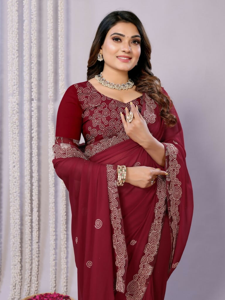 Maroon Silk Georgette Cord Embroidery Saree - Norita Saumya | Grocsy