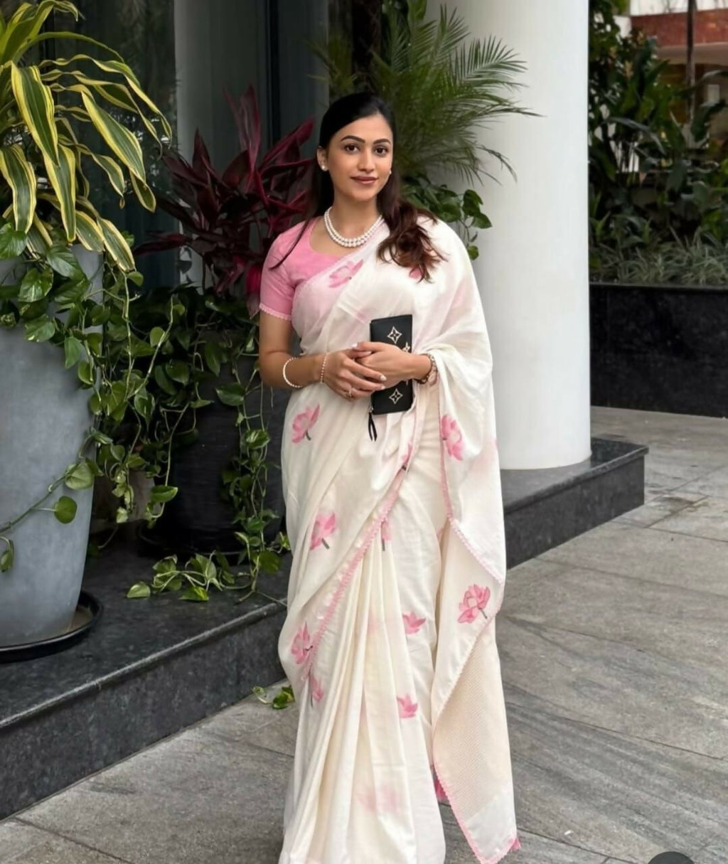 Prime Volt Women's Cream Floral Digital Print Soft Linen Saree With Lace Border & Blouse | Grocsy