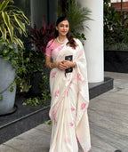 Prime Volt Women's Cream Floral Digital Print Soft Linen Saree With Lace Border & Blouse | Grocsy