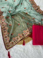 Vastranavya Twill Net Designer Embroidery & Colour Thread & Diamond work Saree with Blouse Material - Sky Blue | Grocsy