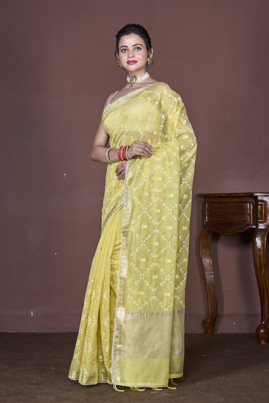 Morchari Yellow Cotton Chanderi Embroidery Saree Unstitched Blouse | Grocsy