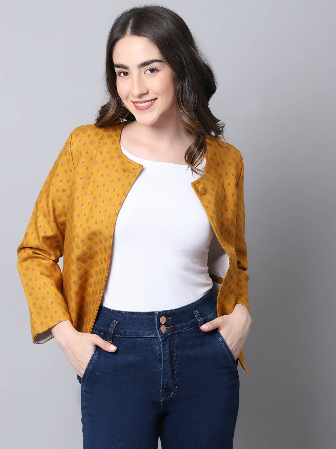 Even Apparels Yellow 100% Viscose Open Front Statement Women's Jacket | Grocsy