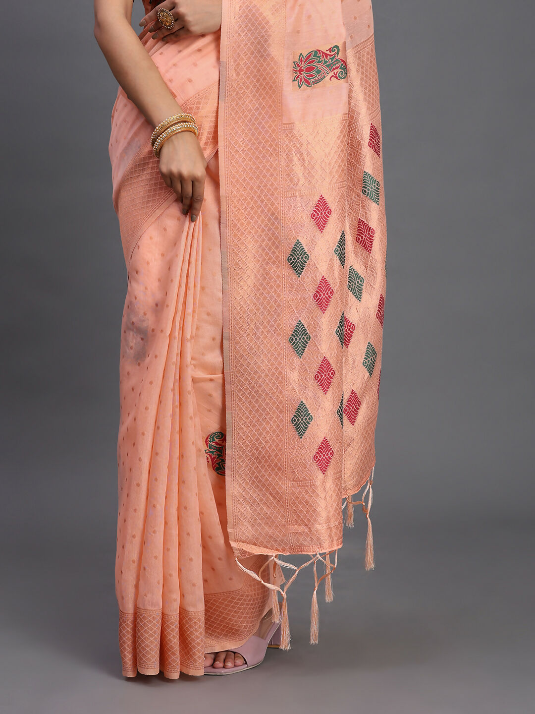 Shree Shyam Fashion Linen Cotton Peach Saree | Grocsy