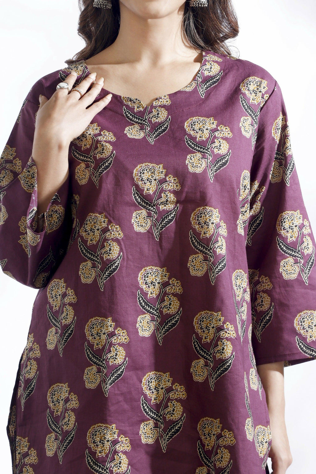 Breathables Wine Butta Cotton Co-Ord Set – Kurta With Straight Pants | Grocsy