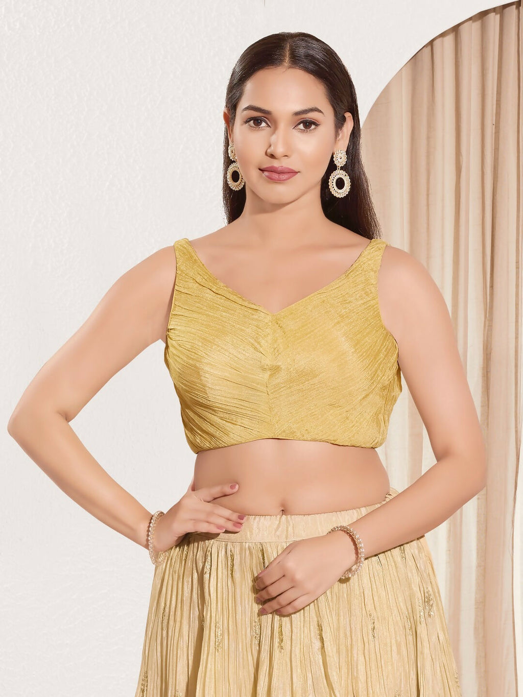 Joban Fashion Gold Tissue Padded Blouse With Sweetheart Neck Sleeveless | Grocsy
