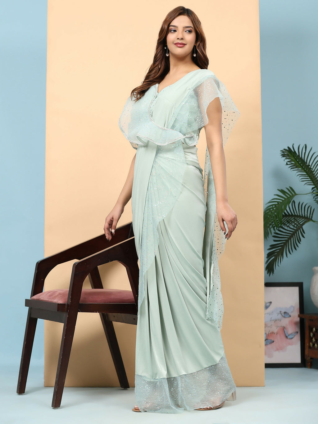 Light Blue Lycra Solid Ready to Wear Saree with stitched Blouse - Nita | Grocsy