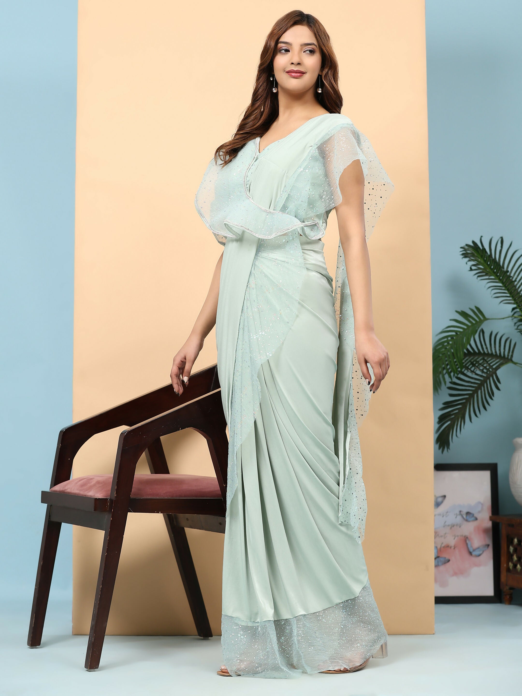 Light Blue Lycra Solid Ready to Wear Saree with stitched Blouse - Nita | Grocsy