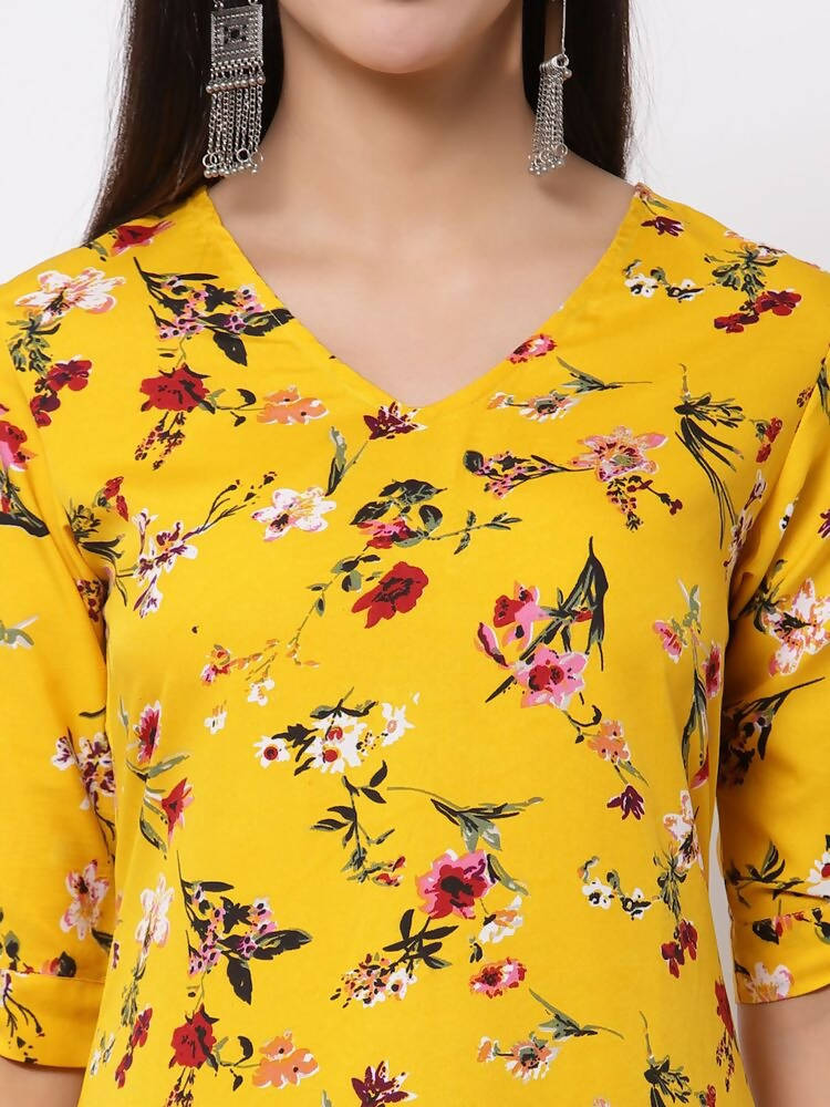 Myshka Women's Crepe Printed Half Sleeve V - Neck Casual Yellow Kurta | Grocsy