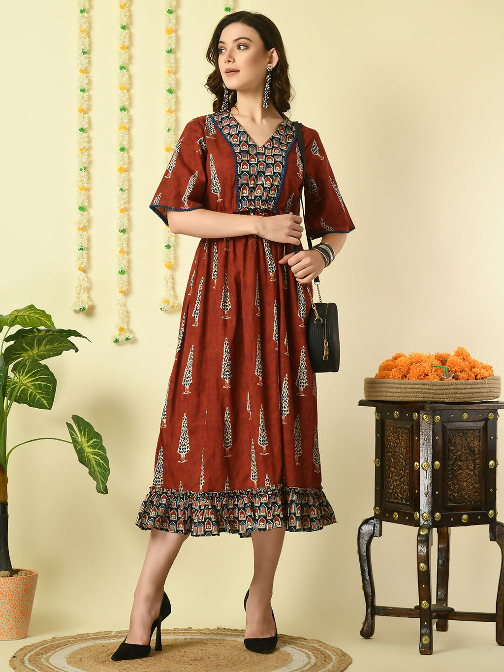 Myshka Women's Rust Printed Cotton Party Dress | Grocsy