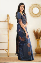 DEIANA'S Beautiful Designer Golden zari Soft Lichi Silk Saree - Navy Blue | Grocsy