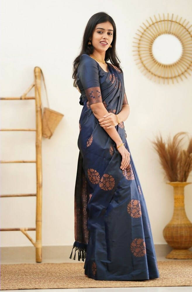 DEIANA'S Beautiful Designer Golden zari Soft Lichi Silk Saree - Navy Blue | Grocsy