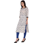 Kanoor Women's White and Blue Cotton Straight Kurti | Grocsy