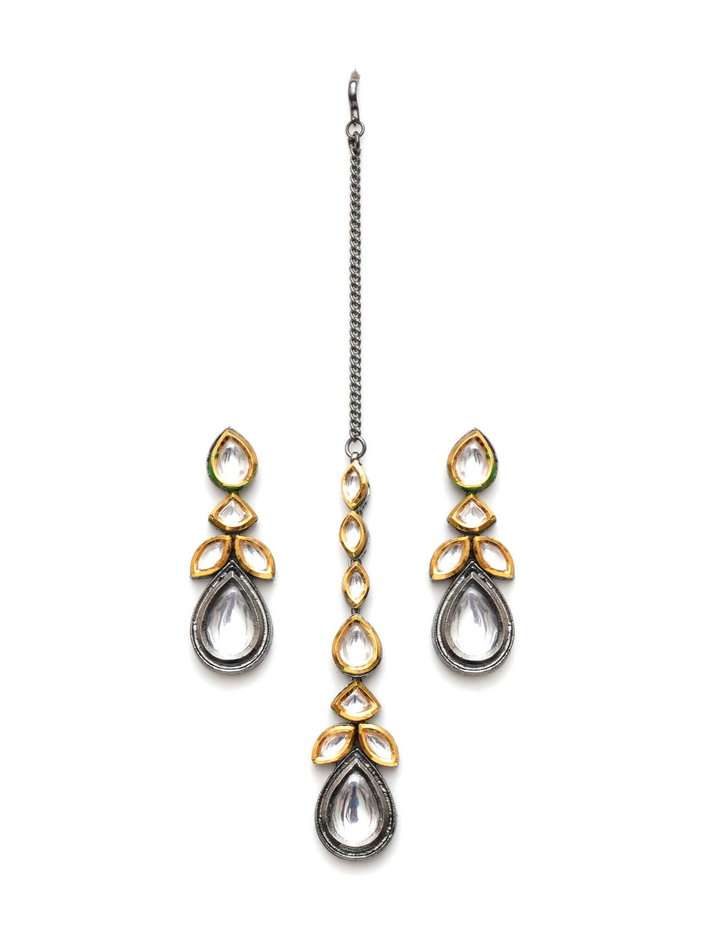 Dual Tone Kundan Maang Tikka with Earrings Jewellery Set (silver) - Ruby Raang | Grocsy