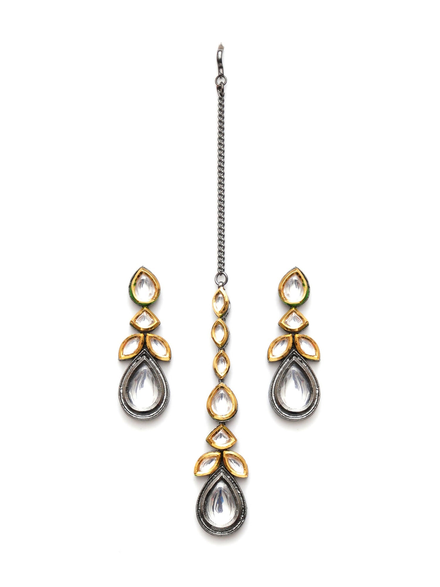 Dual Tone Kundan Maang Tikka with Earrings Jewellery Set (silver) - Ruby Raang | Grocsy