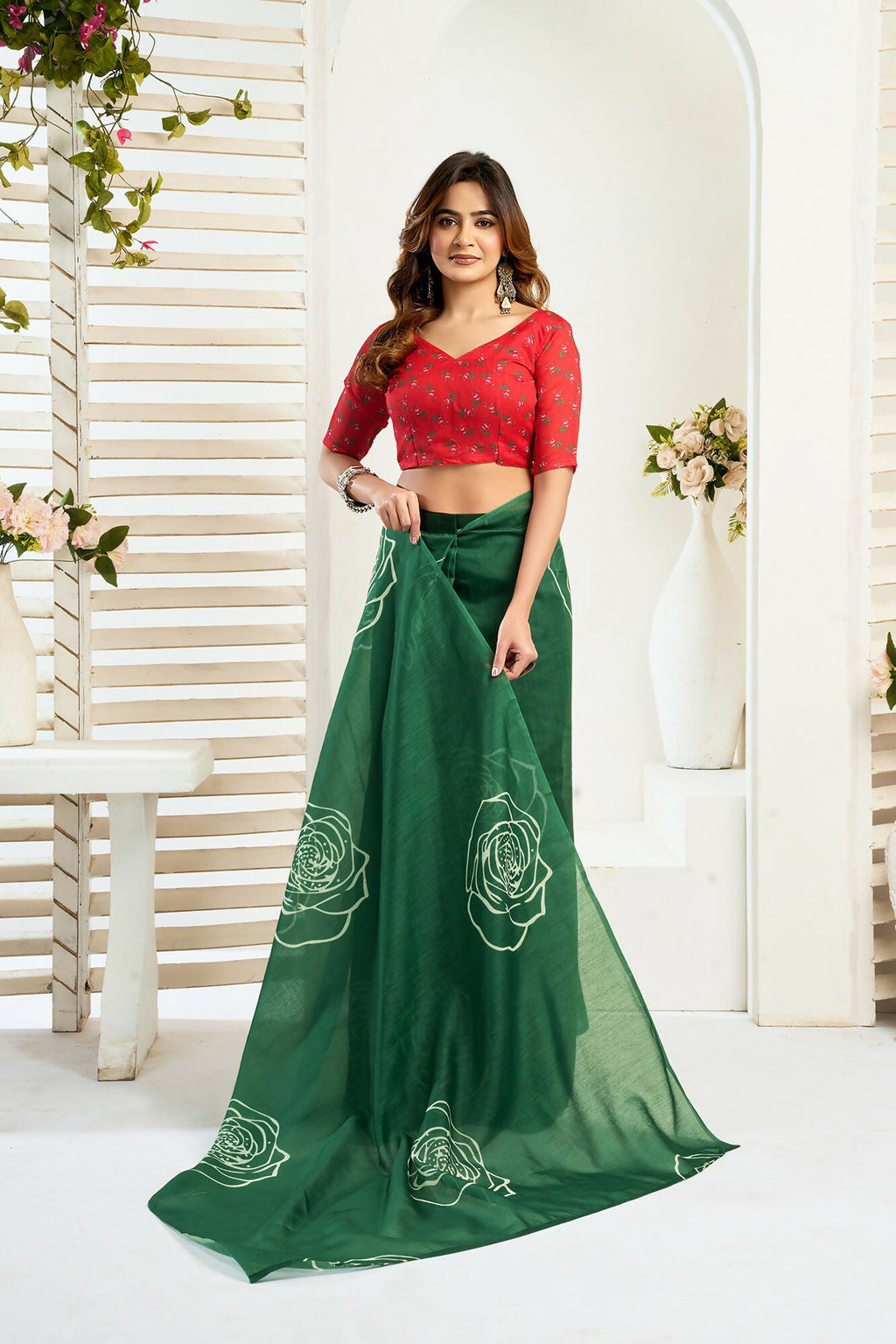 Vastranavya Green Digital Printed Linen Ready To Wear Designer Saree with Unstitched Blouse | Grocsy