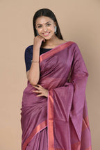 Very Much Indian Handloom Cotton Silk Maheshwari Saree With Sleek Golden Border - Maroon | Grocsy