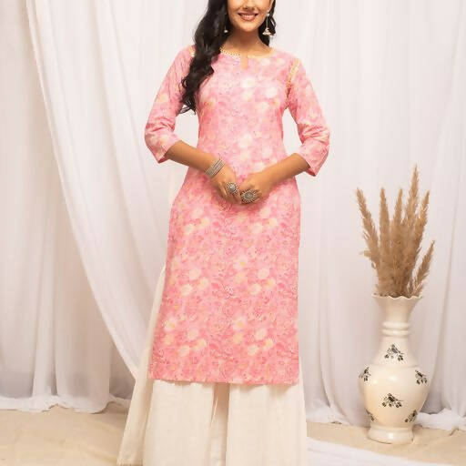 FIORRA Women's Floral Printed Peach Cotton Straight Kurta | Grocsy