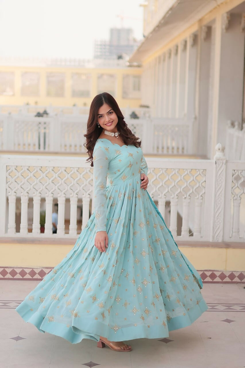 Vastranavya Faux Georgette with Zari & Sequins Embroidery Work Gown with Dupatta - Turquoise | Grocsy