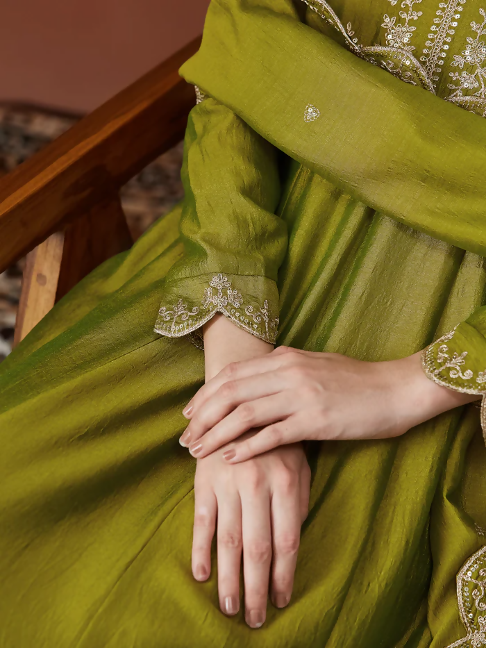 The52 Light Green Women's Beautiful Vichitra Silk Fabric Embroidered Work Flared Anarkali Pant and Dupatta Set | Grocsy