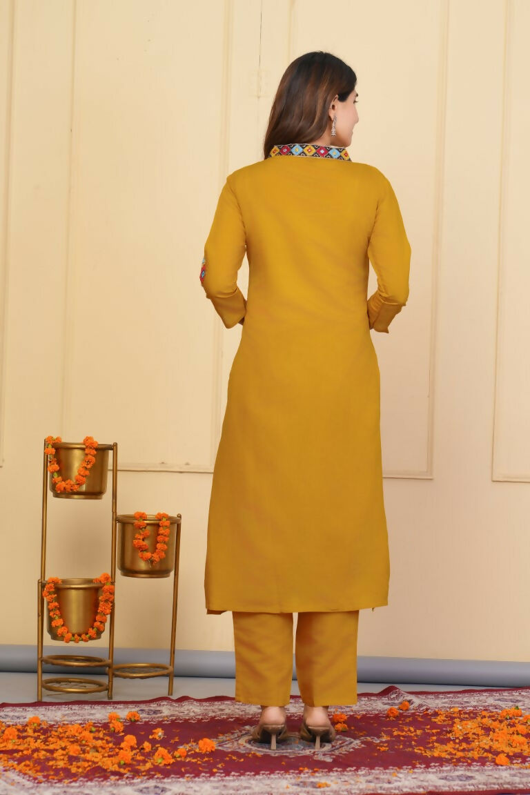 Mustered Viscose Chanderi Embroidered Stitched Suit With Dupatta - Tanisha | Grocsy