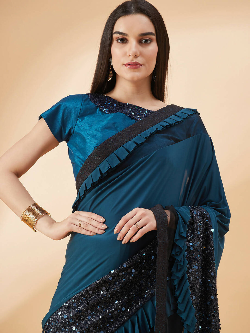 Peacock Blue Lycra Sequins Fabric. Frill Details, Handwork Buttis Saree - Norita Hit Design | Grocsy