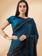 Peacock Blue Lycra Sequins Fabric. Frill Details, Handwork Buttis Saree - Norita Hit Design | Grocsy